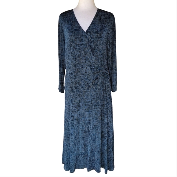 Chico's Travelers Teal & Black Faux Wrap Style Slinky Knit Maxi Dress 2 Large - Picture 1 of 7